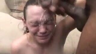 skinny bitch gagging on 2 loads of spunk to her face