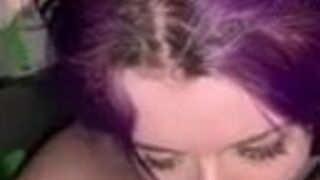 Purple hair youngster sweetie gagging on fat rod