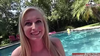 18yo blonde Slut with natural melons mounts outdoor and gets a cum-shot