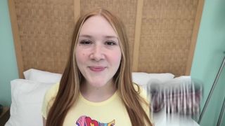 Redheaded teenie with freckles and red pubic hair licks dong