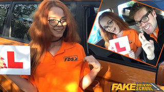 Fake Driving Instructor rides his charming red-head teeny student in the car and gives her a cream pie