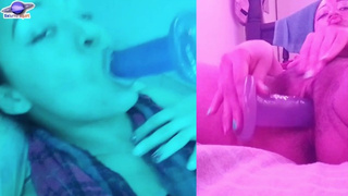 Saturno Squirt, cyan and pink with hairy cunt masturbates, with vagina cream ????????