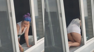A neighbor slut washes windows without a bra and panties