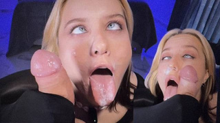 nasty whore jerks prick furiously, makes ahegao face and gets sperm on her face with relish
