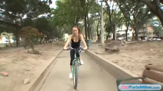 Busty fit youngster chick cycles around town