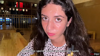 I sperm on a whore's face in Public Sushi Bar and she eats rolls with Spunk on her face - Cumwalk