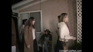 Teeny bitch gets spitroasted in horny frat scene