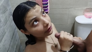 Sweet stepsister in her attractive shower gets horny and her stepbrother spies on her, but she gives him a oral sex to swallow his spunk - Spanish Porn