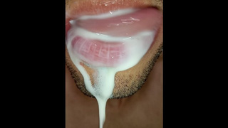 playing with attractive milk in my mouth, tongue, saliva, tongue, sloopy, swallowing, spit bizarre