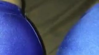 African Cameltoe in Shiny Blue Cycle Spandex Play with Pussy