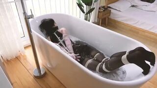 Pantyhose Hogtie in Bath Tub