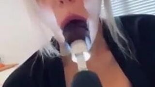 Bimbo blonde abuses her holes with a monstrous power tool dildo