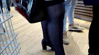 Chubby whore with ebony pantyhose and heels shoes